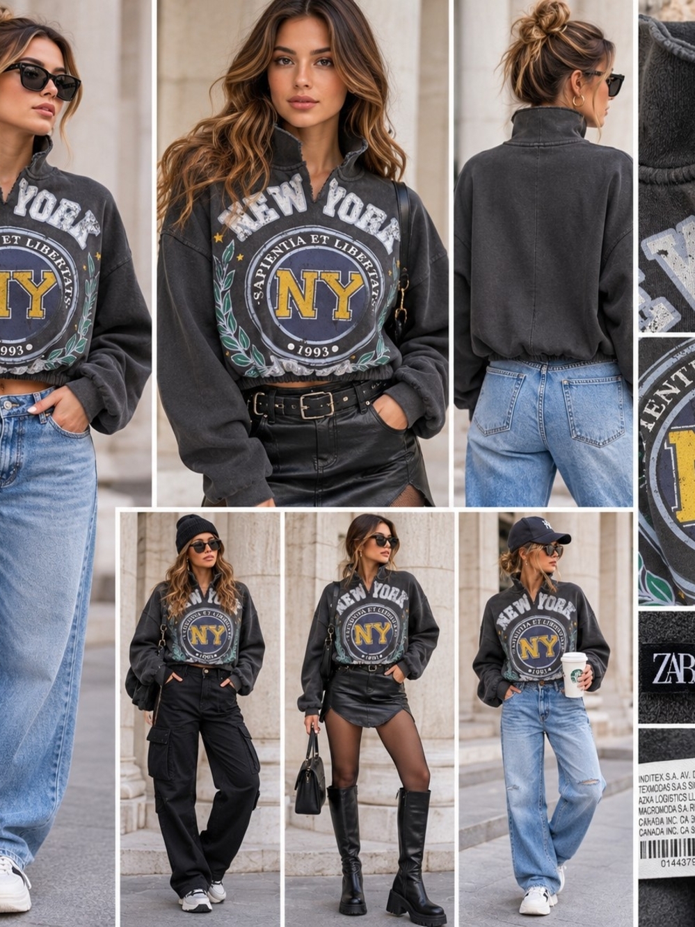 Zara New York 1993 Distressed Graphic Cropped Sweatshirt S Y2K